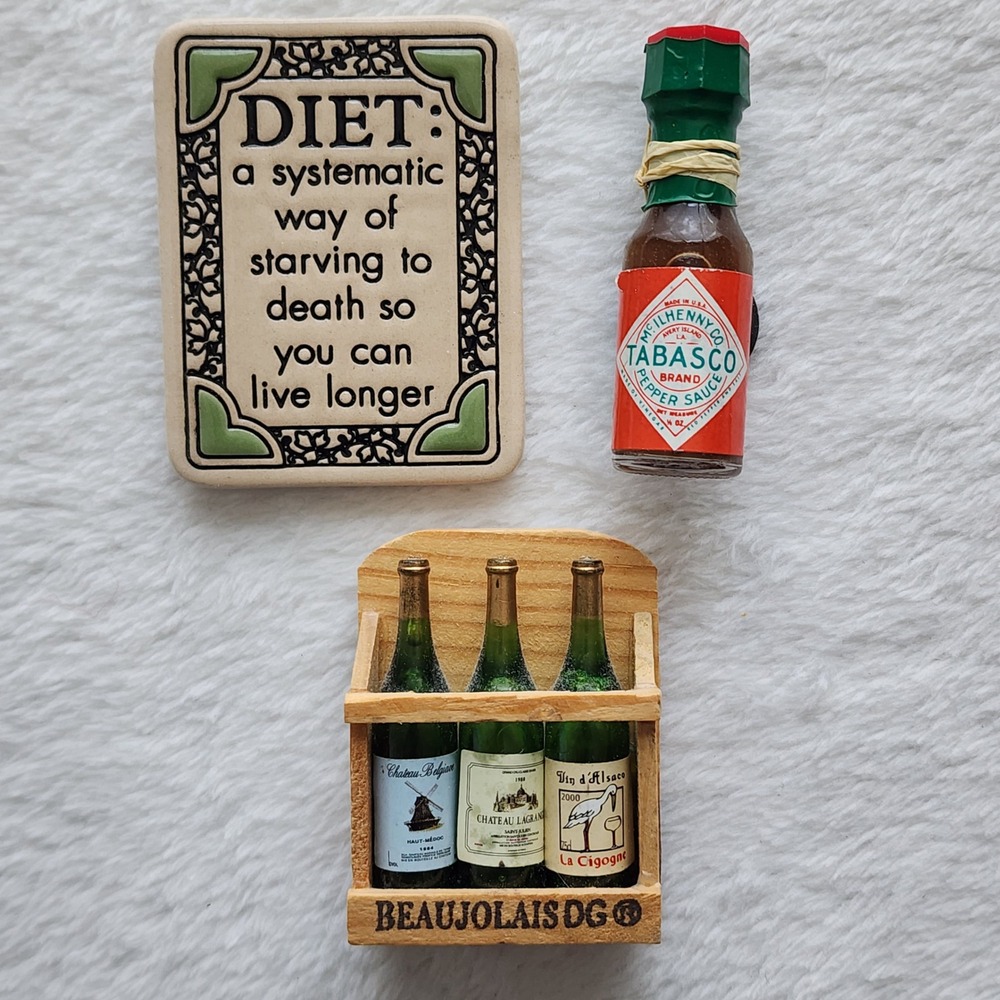 3 Fridge Magnets Tabasco Sauce Miniature Wine Set Diet Humor Kitsch Kitchen VTG